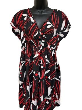 Black Red and White Floral Surplice Waist Dress